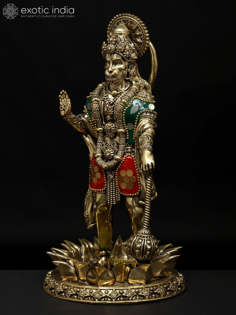 8" Superfine Standing Mahabali Hanuman in Blessing Gesture | Brass Statue with Inlay Work