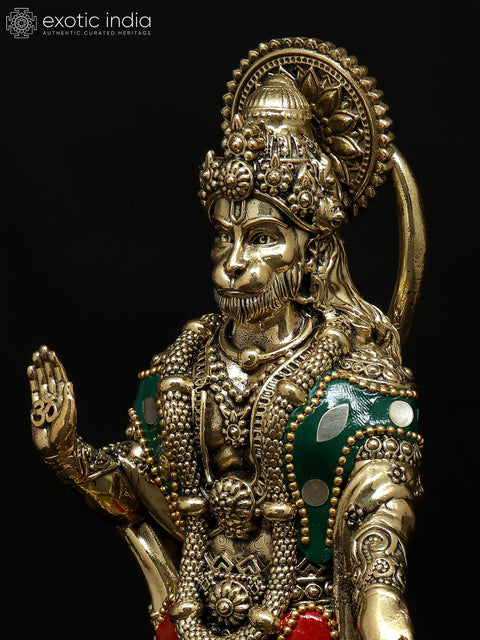 8" Superfine Standing Mahabali Hanuman in Blessing Gesture | Brass Statue with Inlay Work