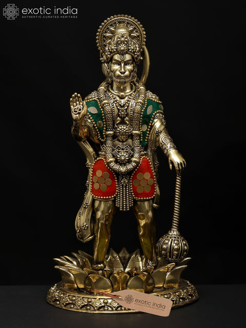 8" Superfine Standing Mahabali Hanuman in Blessing Gesture | Brass Statue with Inlay Work