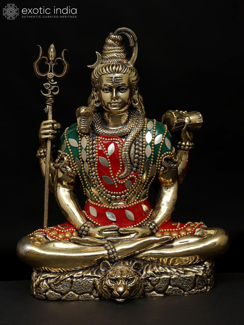7" Superfine Sitting Four Armed Lord Shiva | Brass Statue with Inlay Work