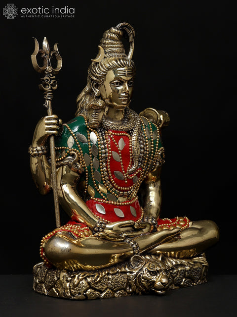 7" Superfine Sitting Four Armed Lord Shiva | Brass Statue with Inlay Work