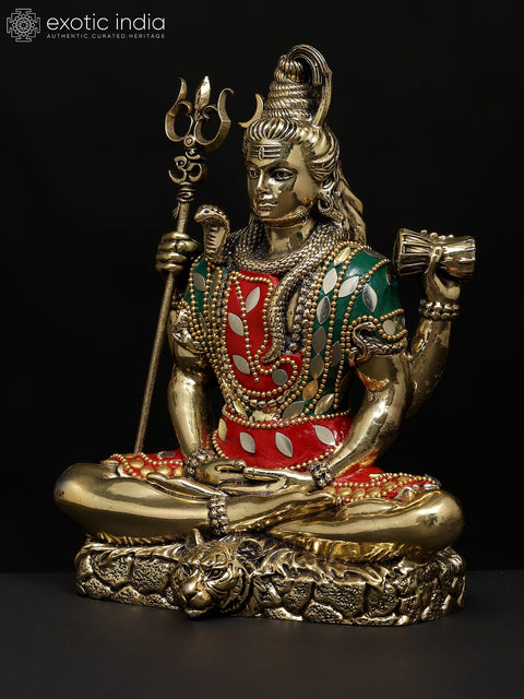 7" Superfine Sitting Four Armed Lord Shiva | Brass Statue with Inlay Work