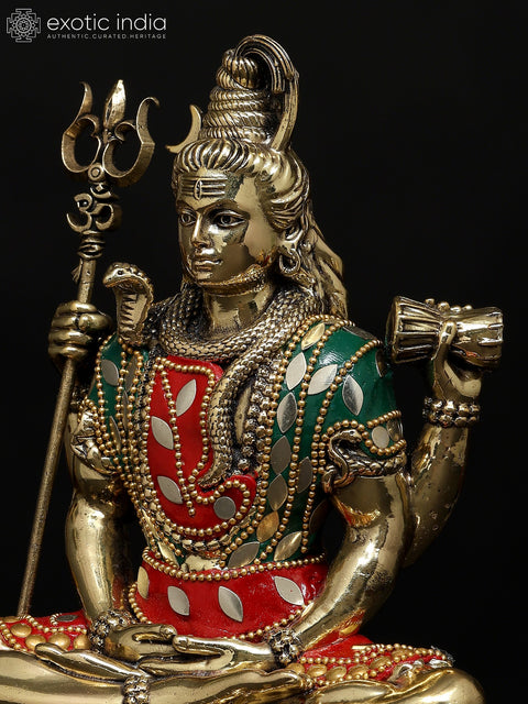 7" Superfine Sitting Four Armed Lord Shiva | Brass Statue with Inlay Work