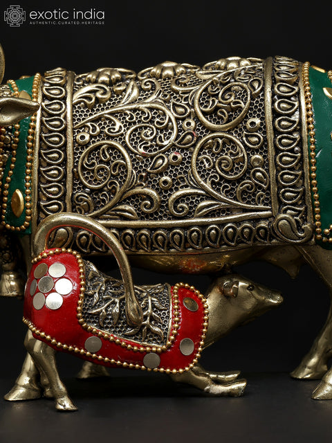 6" Small Superfine Cow and Calf Statue in Brass | Handmade | Made In India