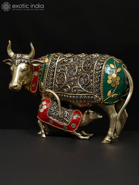 6" Small Superfine Cow and Calf Statue in Brass | Handmade | Made In India