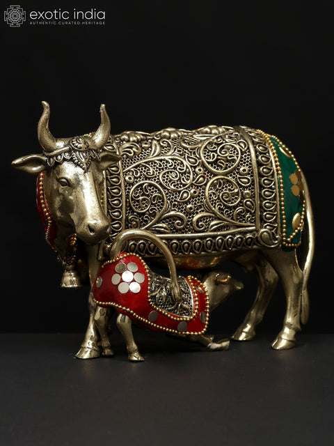 6" Small Superfine Cow and Calf Statue in Brass | Handmade | Made In India