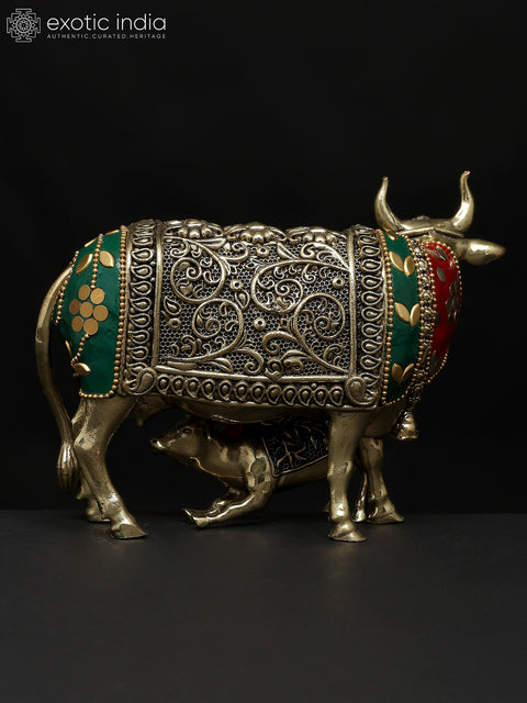 6" Small Superfine Cow and Calf Statue in Brass | Handmade | Made In India