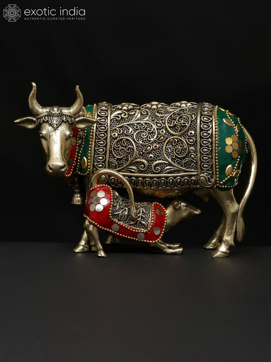 6" Handmade Brass Cow and Calf Statue