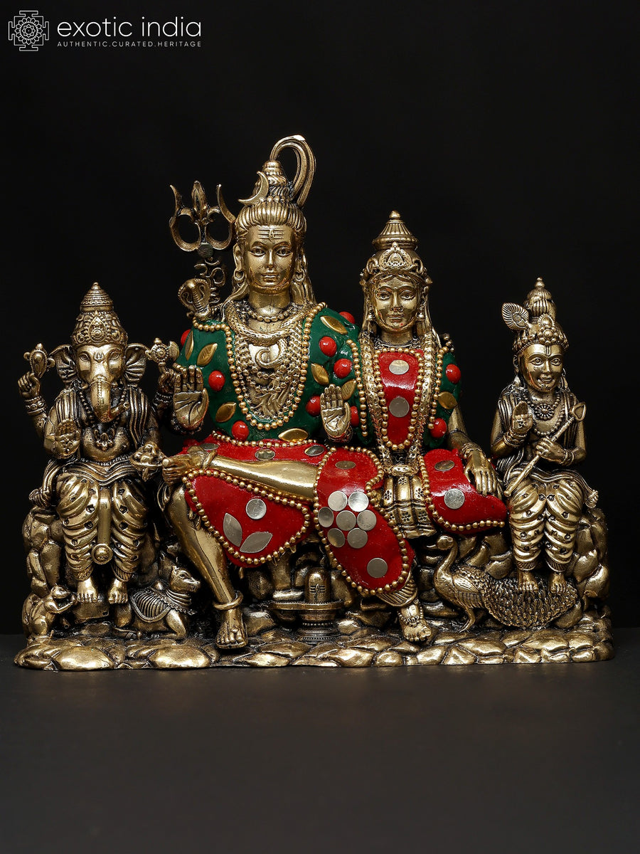 6" Superfine Lord Shiva Family Brass Statue with Inlay Work