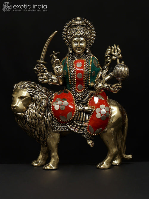 6" Handmade Brass Goddess Durga Sherawali Maa Statue with Inlay Work