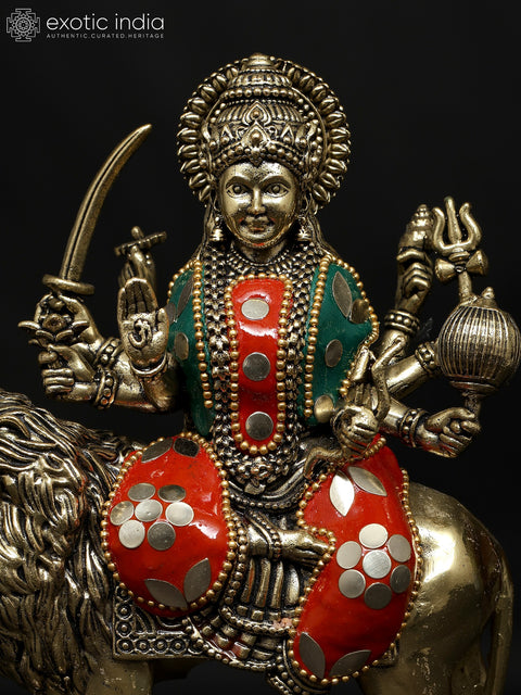 6" Small Superfine Goddess Durga (Sherawali Maa) | Brass Statue with Inlay Work