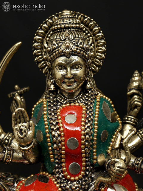 6" Small Superfine Goddess Durga (Sherawali Maa) | Brass Statue with Inlay Work
