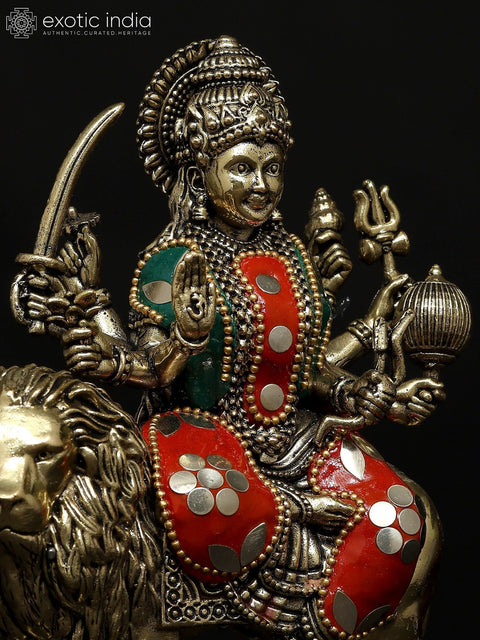6" Small Superfine Goddess Durga (Sherawali Maa) | Brass Statue with Inlay Work