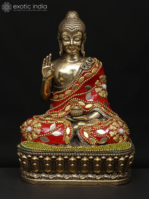 6" Small Superfine Sitting Lord Buddha in Vitark Mudra | Brass Statue with Inlay Work