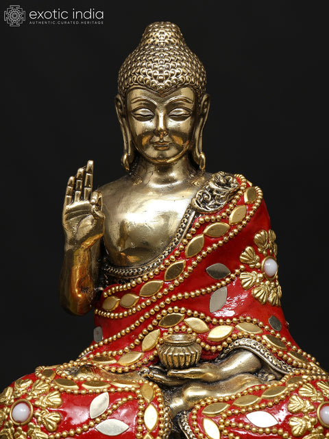 6" Small Superfine Sitting Lord Buddha in Vitark Mudra | Brass Statue with Inlay Work