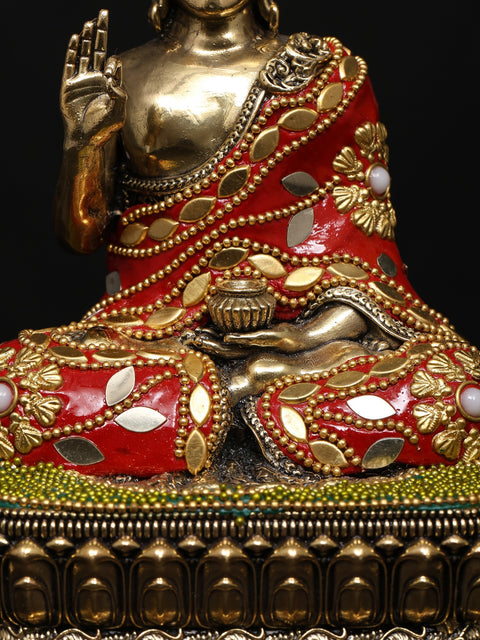 6" Small Superfine Sitting Lord Buddha in Vitark Mudra | Brass Statue with Inlay Work
