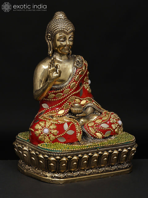 6" Small Superfine Sitting Lord Buddha in Vitark Mudra | Brass Statue with Inlay Work
