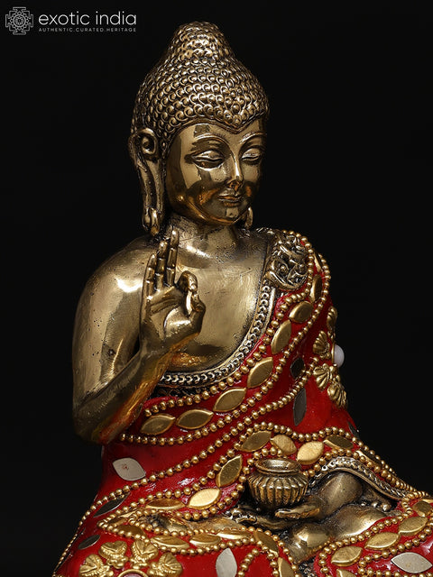 6" Small Superfine Sitting Lord Buddha in Vitark Mudra | Brass Statue with Inlay Work