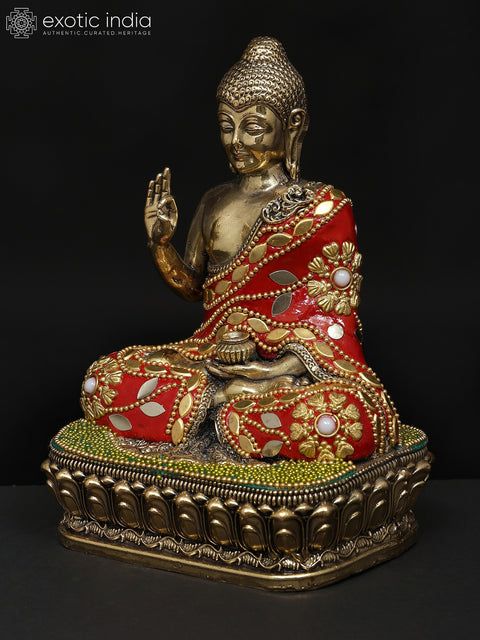6" Small Superfine Sitting Lord Buddha in Vitark Mudra | Brass Statue with Inlay Work