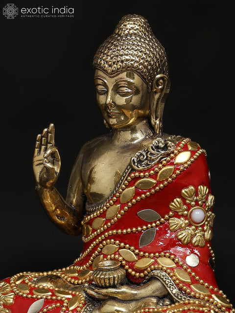 6" Small Superfine Sitting Lord Buddha in Vitark Mudra | Brass Statue with Inlay Work