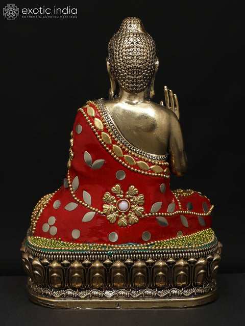 6" Small Superfine Sitting Lord Buddha in Vitark Mudra | Brass Statue with Inlay Work
