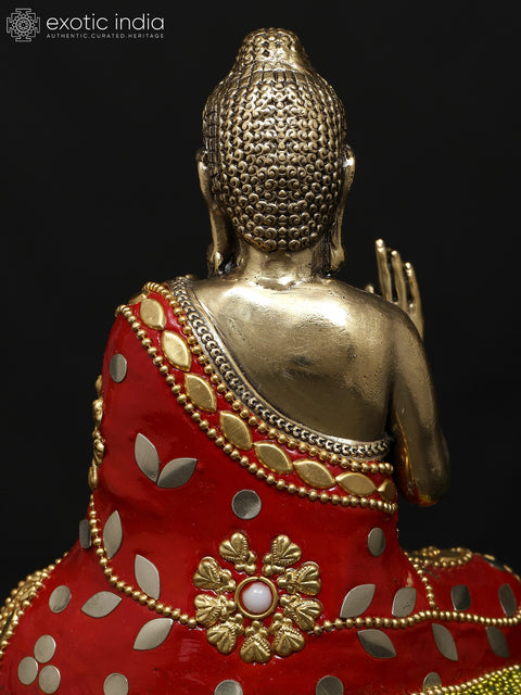 6" Small Superfine Sitting Lord Buddha in Vitark Mudra | Brass Statue with Inlay Work