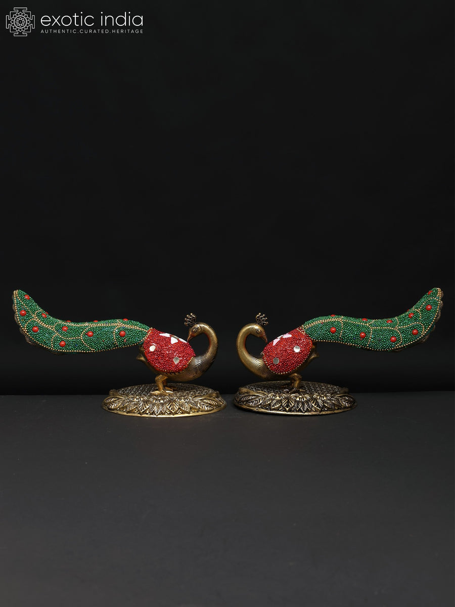 7" Brass Peacock Pair Statue for Home Decor