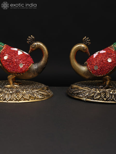 7" Superfine Pair of Beautiful Peacock Figurines | Brass Statues | Table Decor