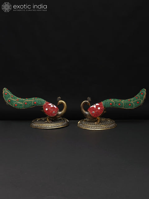 7" Superfine Pair of Beautiful Peacock Figurines | Brass Statues | Table Decor