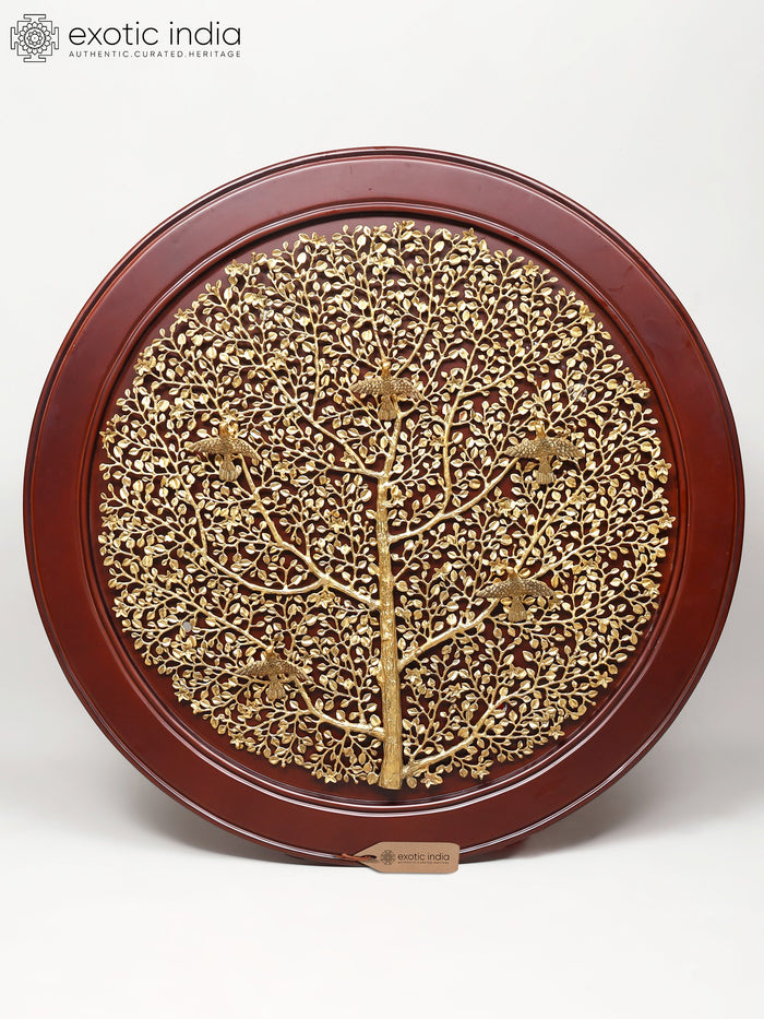 44" Large Size Wood Framed Brass Tree of Life with Perched Birds | Wall Hanging | Home Decor