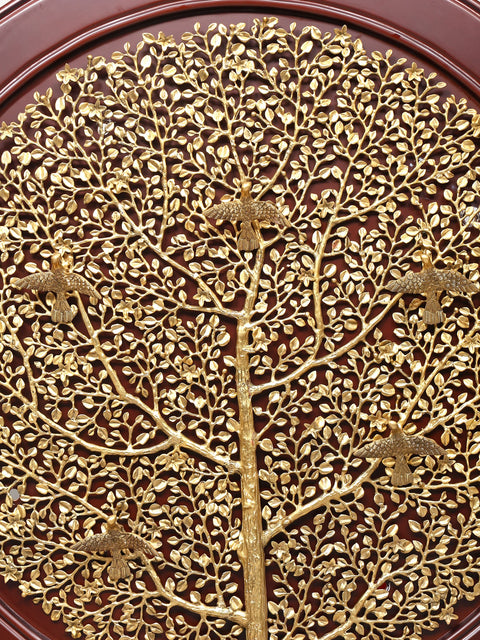 44" Large Size Wood Framed Brass Tree of Life with Perched Birds | Wall Hanging | Home Decor