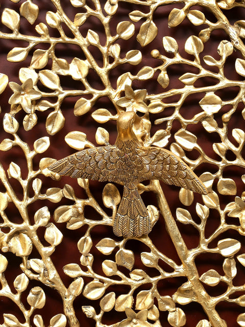 44" Large Size Wood Framed Brass Tree of Life with Perched Birds | Wall Hanging | Home Decor