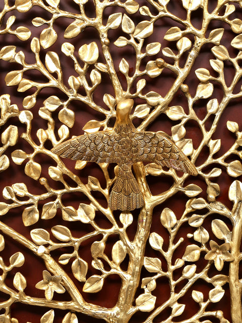 44" Large Size Wood Framed Brass Tree of Life with Perched Birds | Wall Hanging | Home Decor