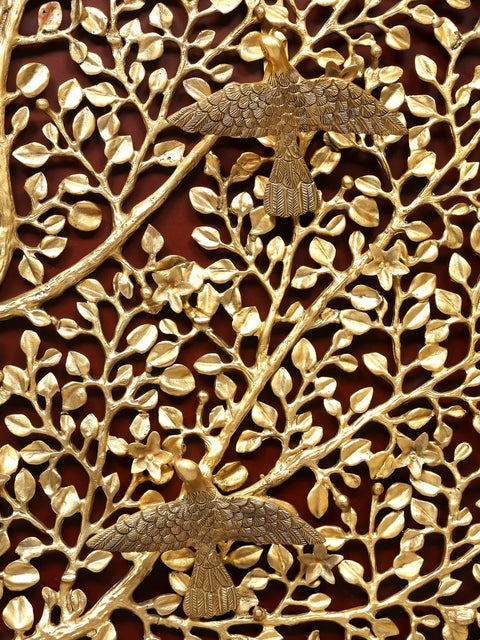 44" Large Size Wood Framed Brass Tree of Life with Perched Birds | Wall Hanging | Home Decor