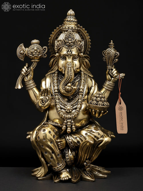 10" Four Armed Blessing Ganesha Brass Statue on Lotus