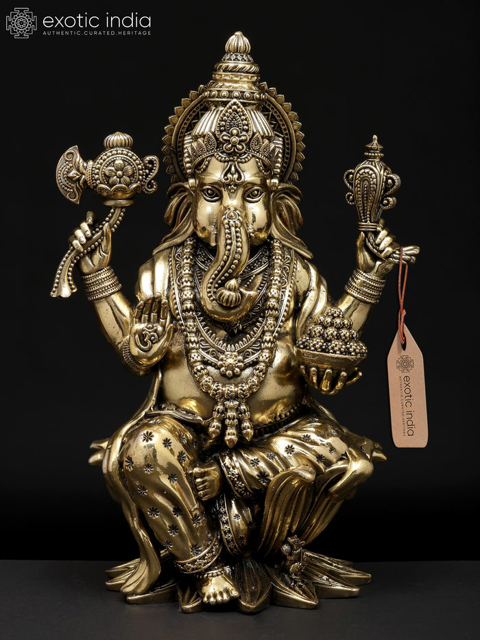 10" Four Armed Blessing Ganesha Brass Statue on Lotus