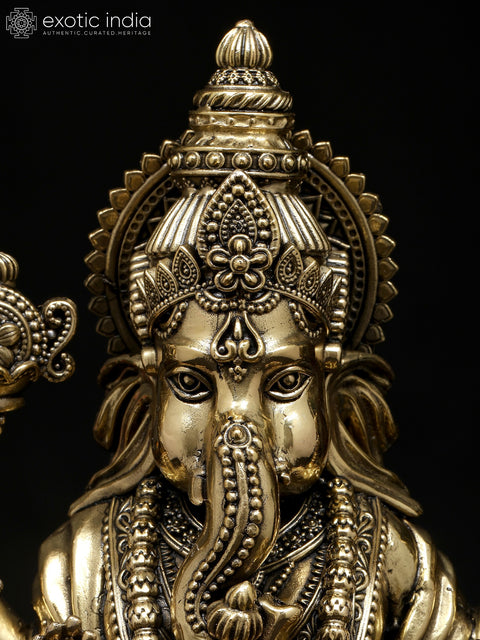 10" Superfine Four Armed Blessing Lord Ganesha Seated on Lotus | Brass Statue