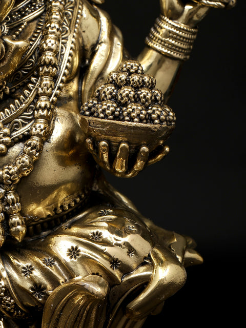 10" Superfine Four Armed Blessing Lord Ganesha Seated on Lotus | Brass Statue