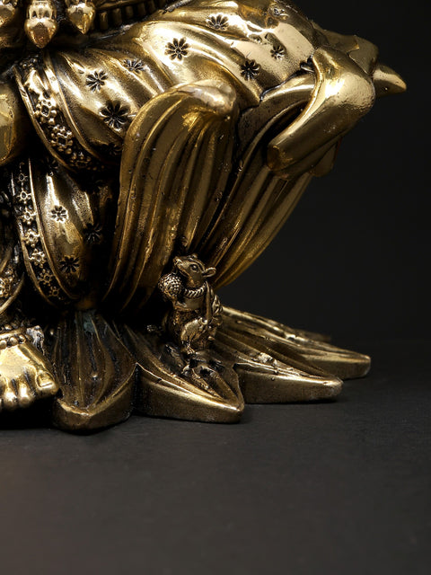 10" Superfine Four Armed Blessing Lord Ganesha Seated on Lotus | Brass Statue