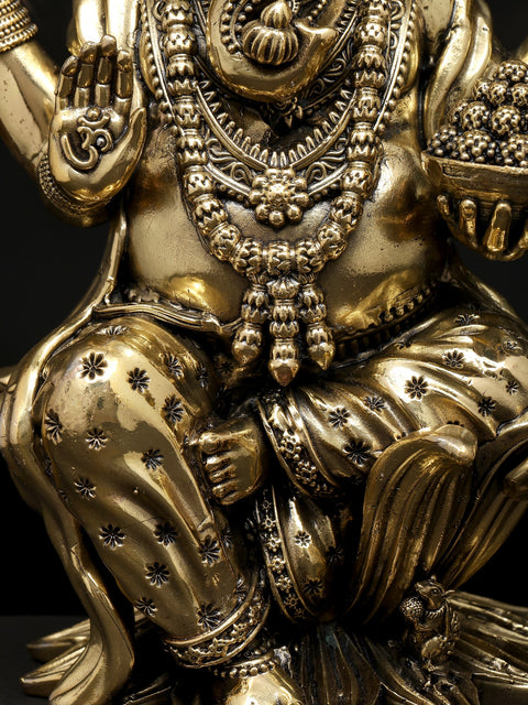 10" Superfine Four Armed Blessing Lord Ganesha Seated on Lotus | Brass Statue