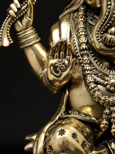 10" Superfine Four Armed Blessing Lord Ganesha Seated on Lotus | Brass Statue