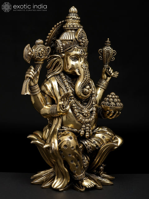 10" Superfine Four Armed Blessing Lord Ganesha Seated on Lotus | Brass Statue