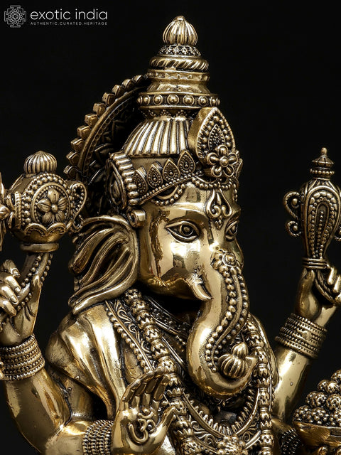 10" Superfine Four Armed Blessing Lord Ganesha Seated on Lotus | Brass Statue