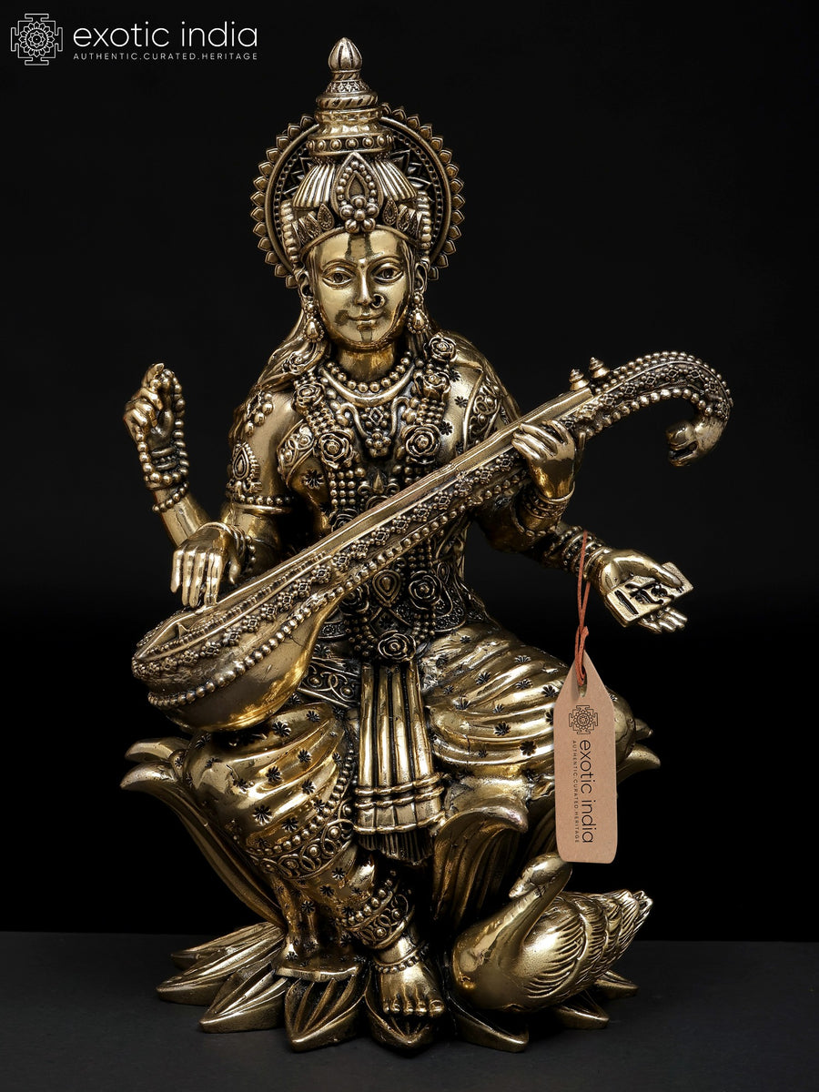 10" Four Armed Saraswati Brass Statue Playing Veena