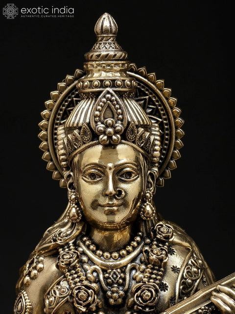 10" Four Armed Devi Saraswati Playing Veena | Brass Statue