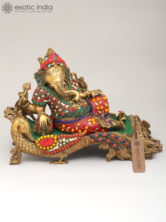 11" Lord Ganesha Brass Statue with Inlay Work for Home Decor