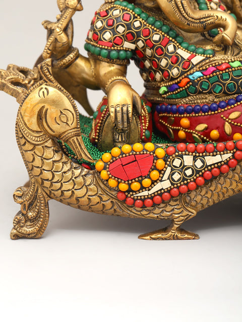 11" Relaxing Lord Ganesha | Brass Statue with Inlay Work