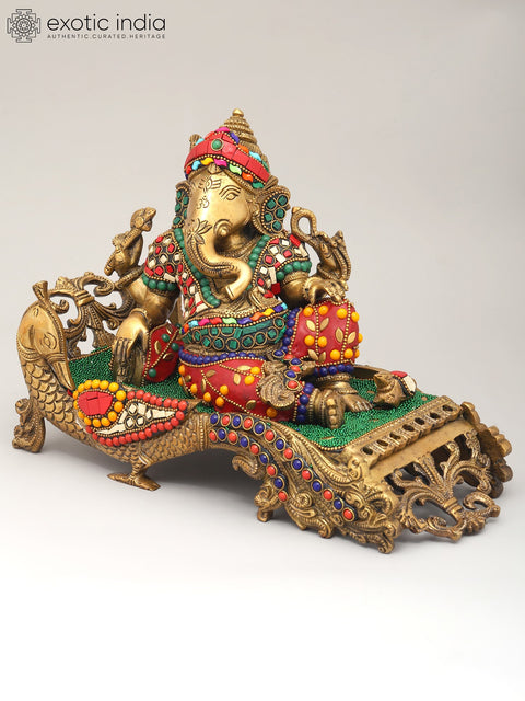 11" Relaxing Lord Ganesha | Brass Statue with Inlay Work