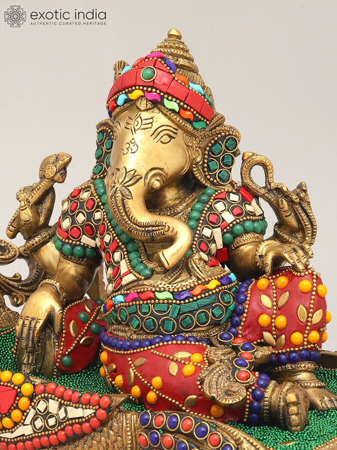 11" Relaxing Lord Ganesha | Brass Statue with Inlay Work