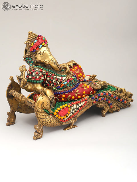 11" Relaxing Lord Ganesha | Brass Statue with Inlay Work
